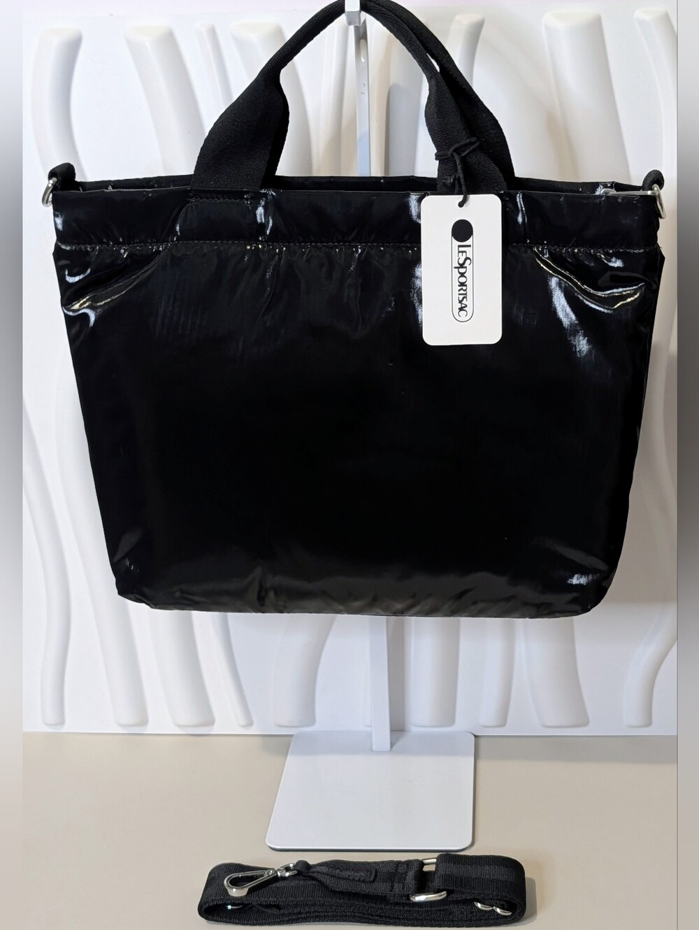 NWT LeSportsac Black Shine Small Convertible Zip Top Tote Crossbody